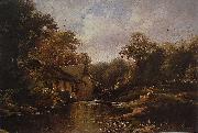 Theodore Fourmois Watermill in the Ardennes with angler oil on canvas